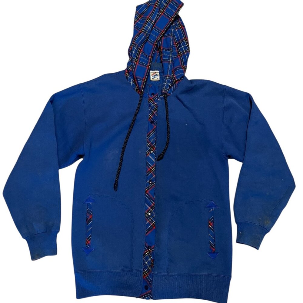 Vintage Jerzees Super Sweats Jacket Size M Blue Full Zip Made In USA Plaid Hood